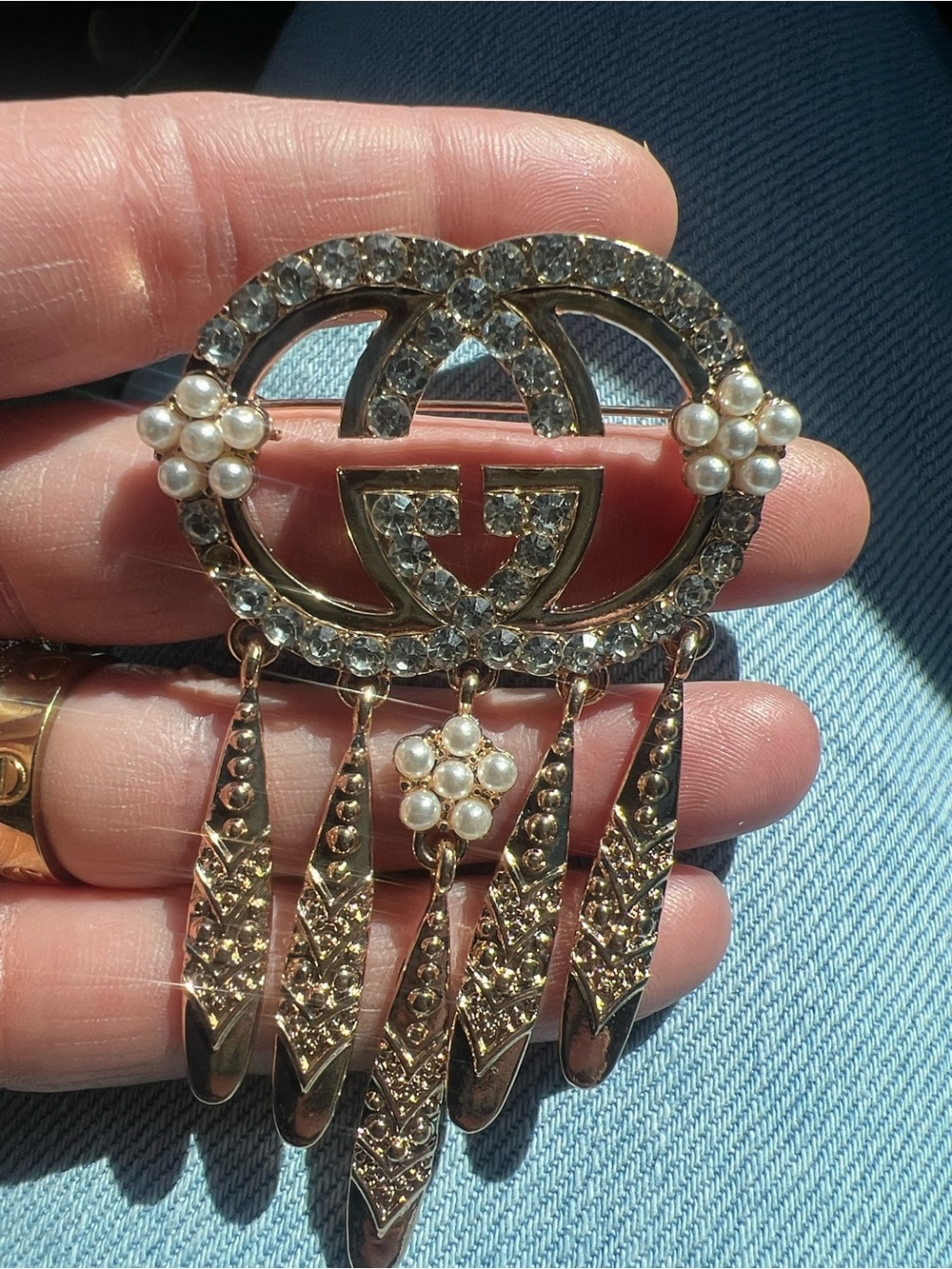 Gold-Tone Crystal & Pearl Logo Drop Brooch